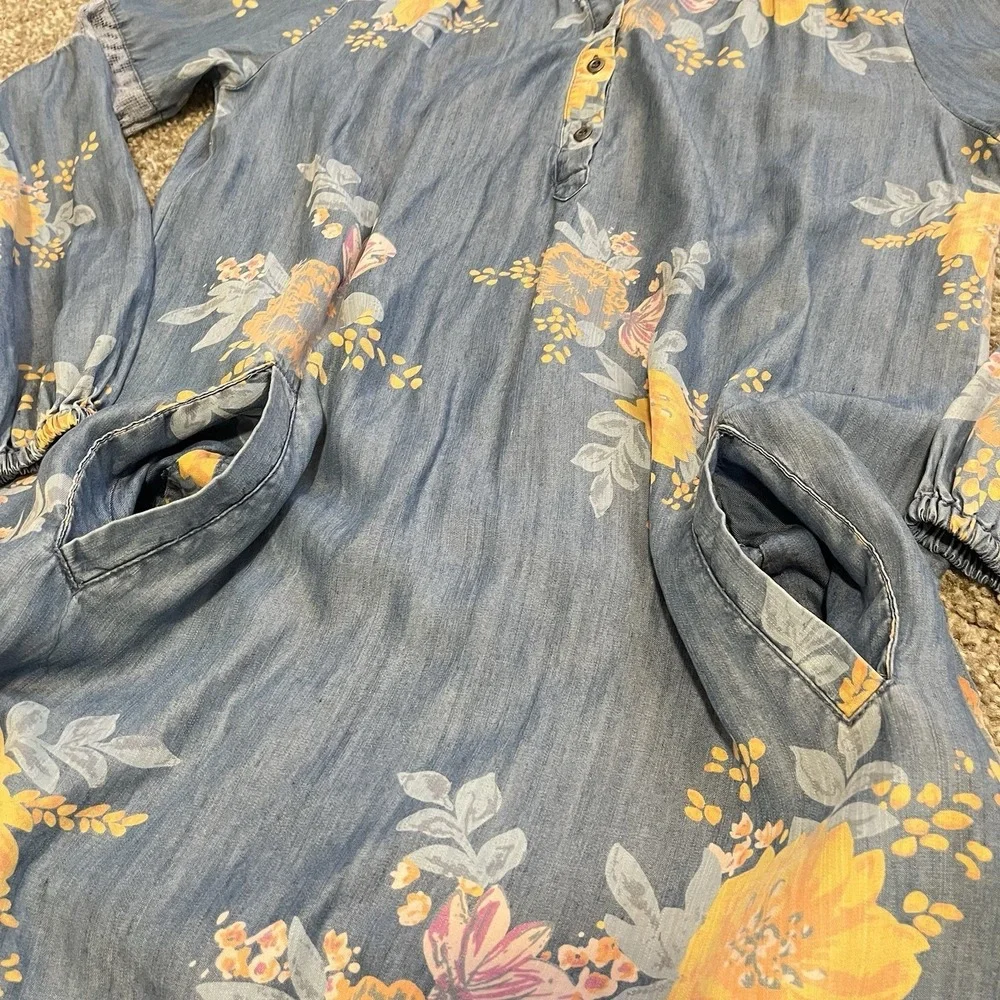 Blue Chambray Floral Dress Womens Small Cottagecore Boho Coastal Resort Lyocell - Picture 8 of 9